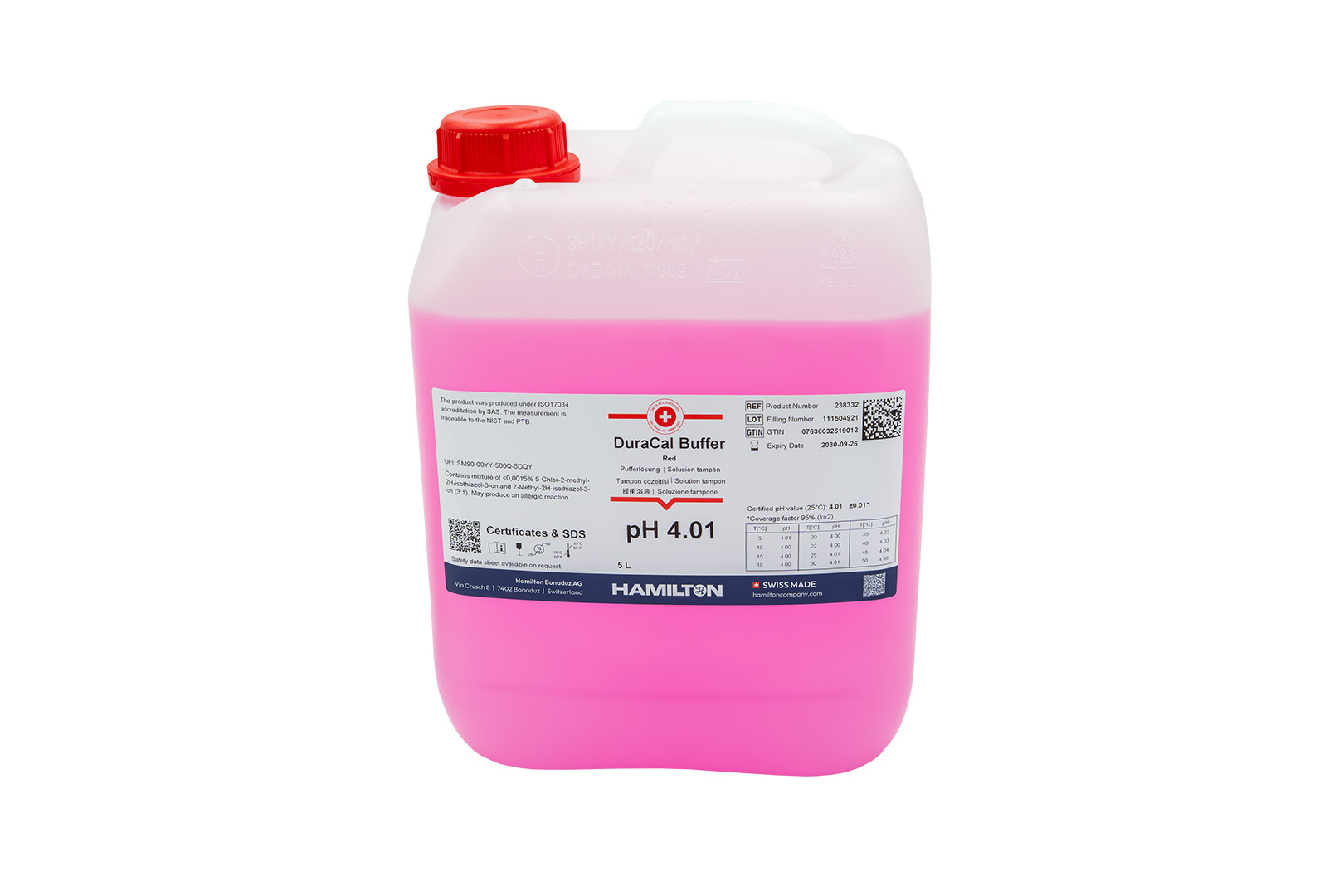 Liquid pH Buffer 4.01 Red, 5 L CRM Ducaral Calibration Solution