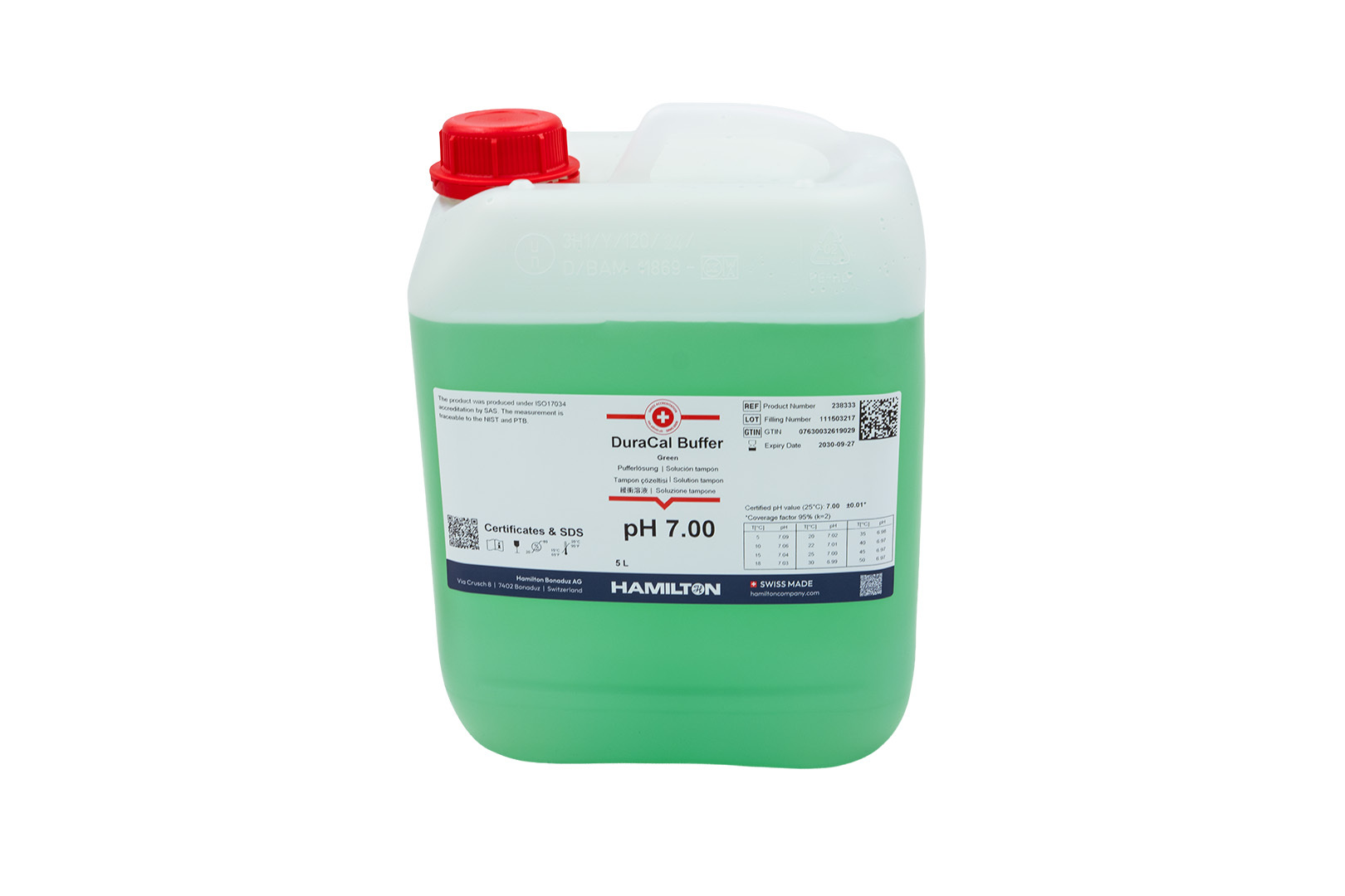 Liquid pH Buffer 7.00 Green, 5 L CRM Ducaral Calibration Solution