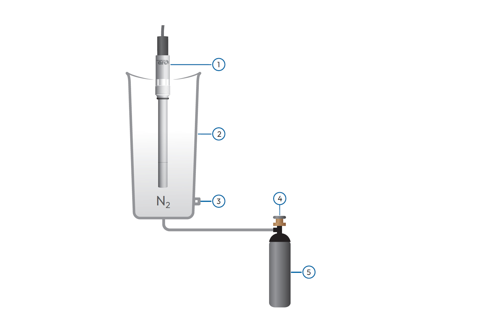Diagram of a DO sensor submerged in a beaker of N₂-sparged liquid, connected via tubing to a nitrogen gas cylinder with regulator, with five labeled components.